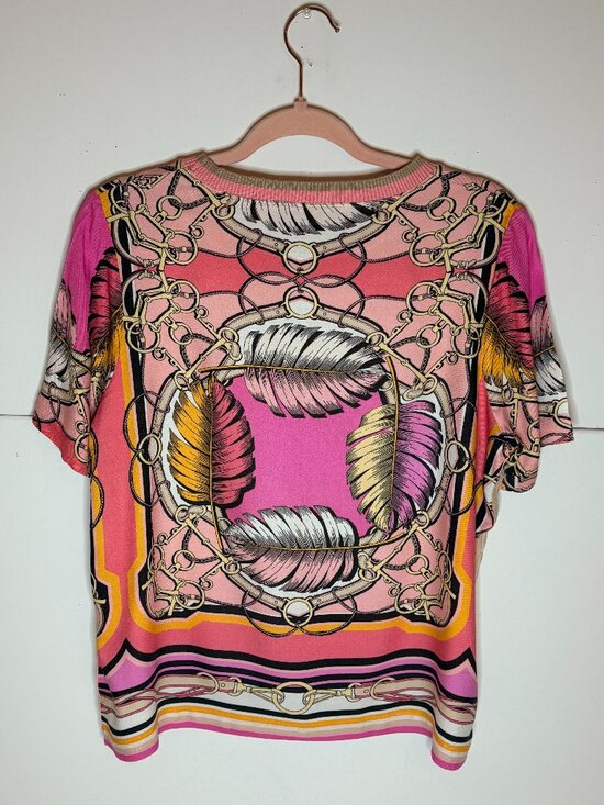 Hale Bob Tops - Hale Bob Woman's Pink Feather/Chain Scarf Print Bohemian Chic Top Size Large